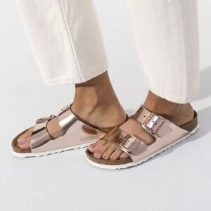 Birkenstock Arizona Soft Footbed Sandals Metallic Pink Copper Leather Size 36